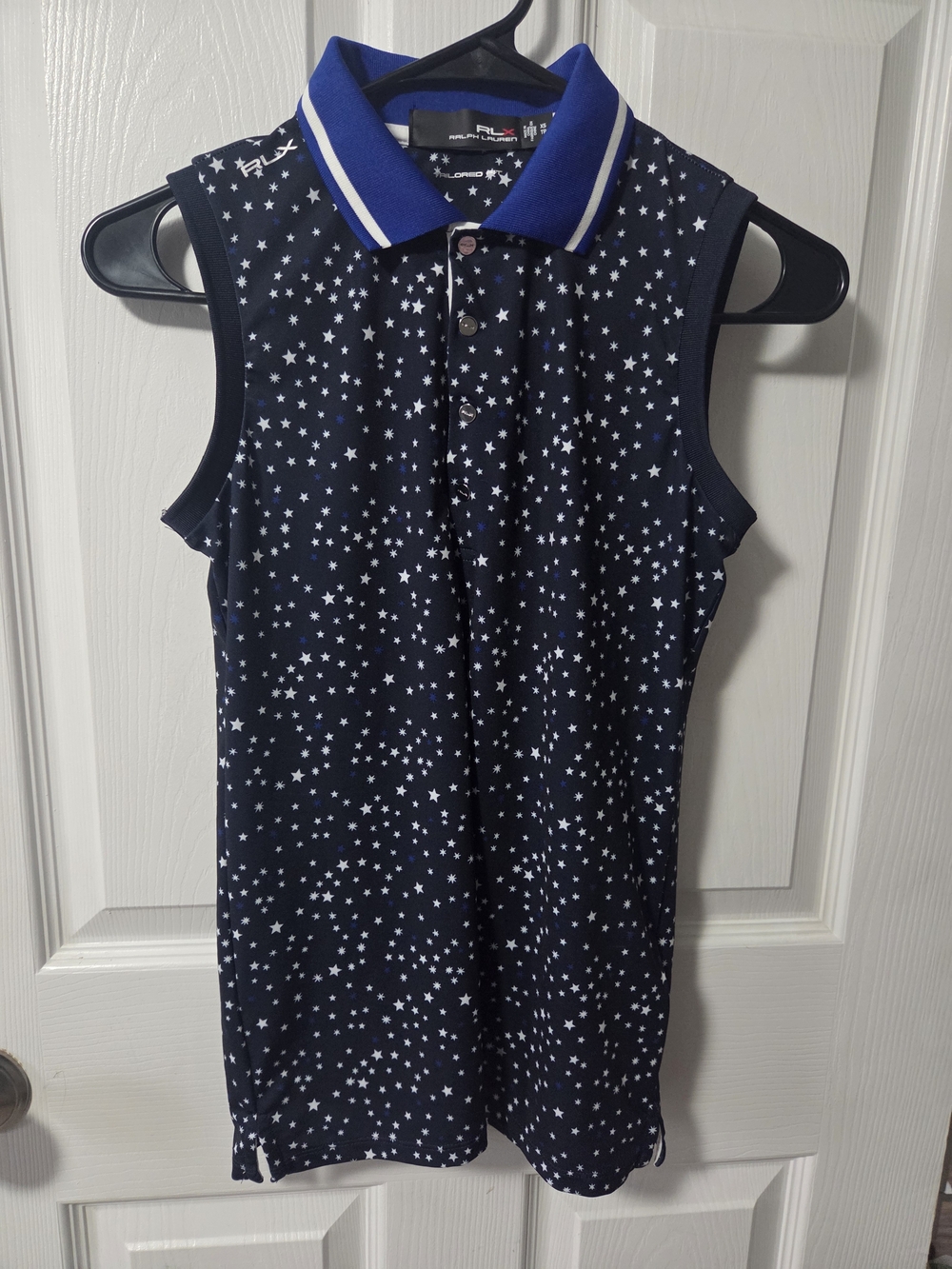 Ralph Lauren RLX Navy and White Star Sleeveless Polo with Blue Collar
